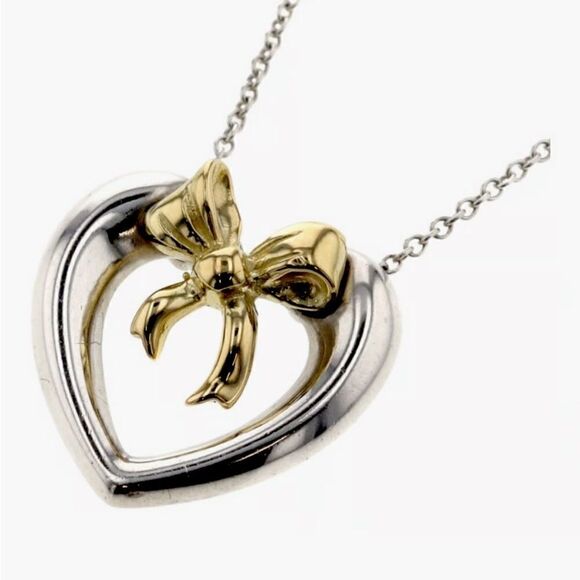 Tiffany & Co. 18K Gold & Sterling Silver Heart & Bow Ribbon Necklace - Picture 1 of 10